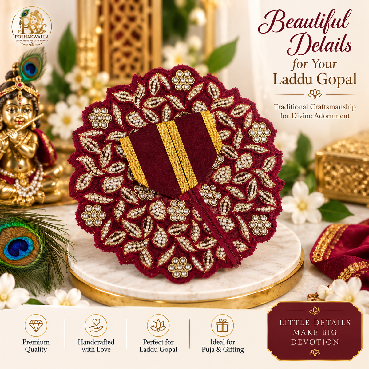 Royal Maroon Embroidered Laddu Gopal Shringar Poshak