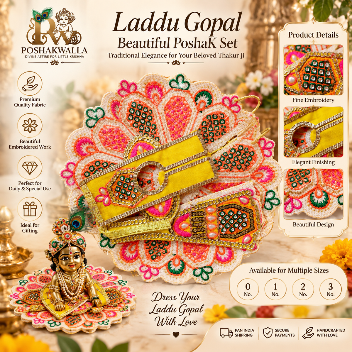 Multicolor Hand-Embroidered Laddu Gopal Poshak Set