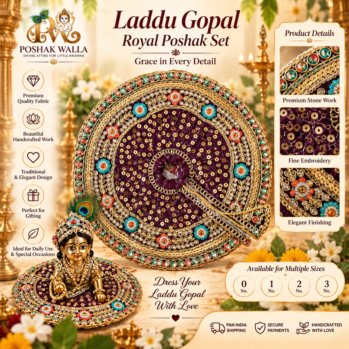 Royal Purple & Gold Laddu Gopal Poshak | Krishna Ji Dress
