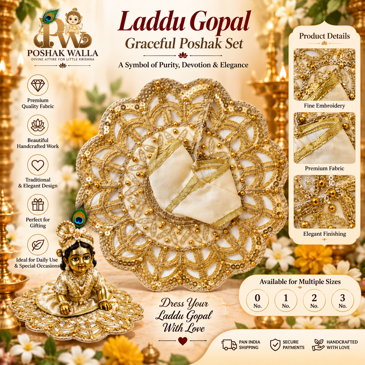 Elegant Ivory & Gold Embroidered Laddu Gopal Poshak Set