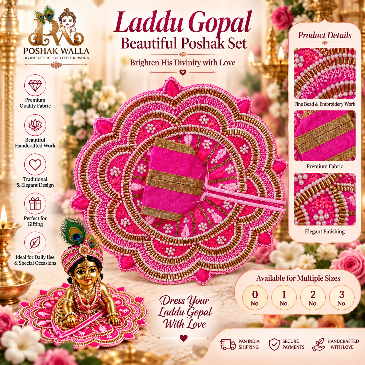 Beautiful Pink & Gold Embroidered Laddu Gopal Poshak Set