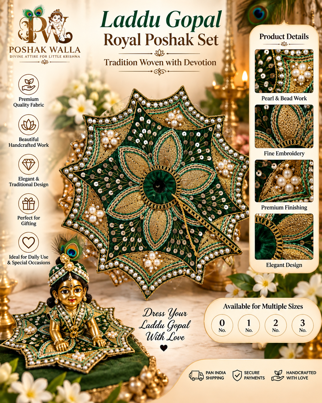 Royal Green & Gold Embroidered Laddu Gopal Poshak Set