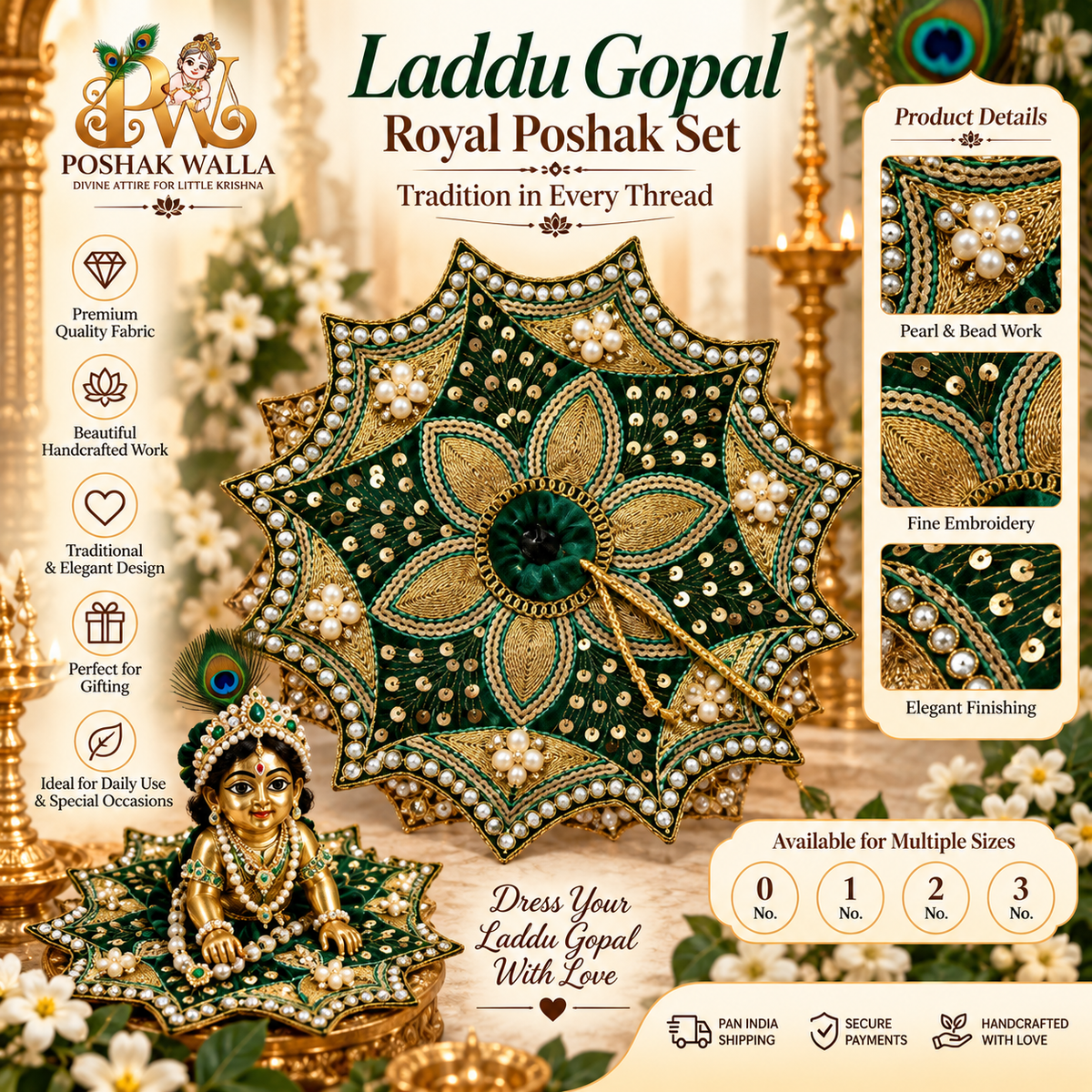 Green & Gold Royal Laddu Gopal Poshak | Designer Embroidered Poshak Set