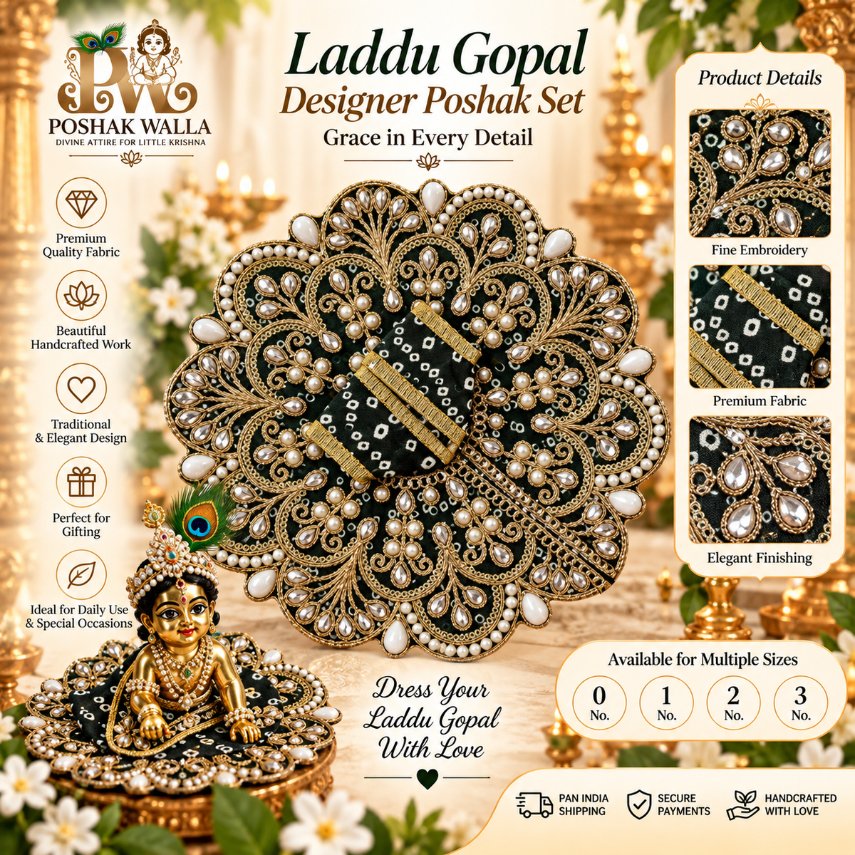 Black & Gold Designer Laddu Gopal Poshak Set – Pearl & Stone Embroidered