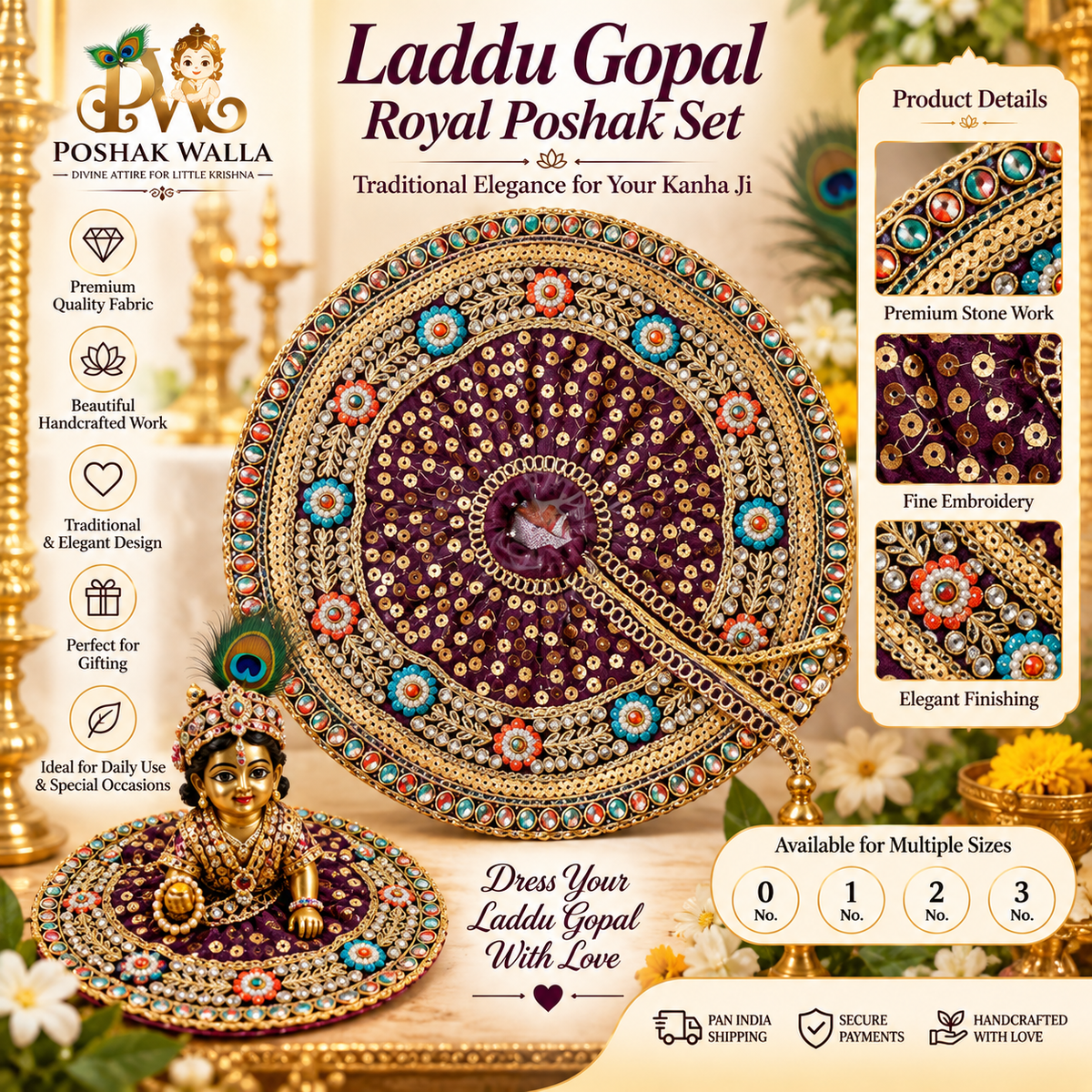 Royal Purple & Gold Designer Laddu Gopal Poshak Set