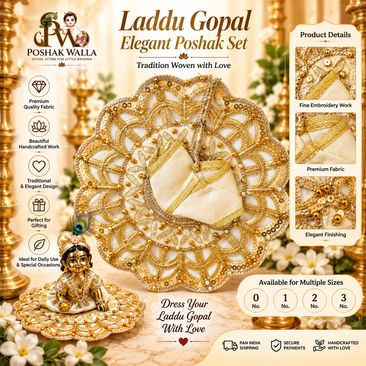 Cream & Gold Designer Laddu Gopal Poshak | Elegant Embroidered Kanha Ji Dress