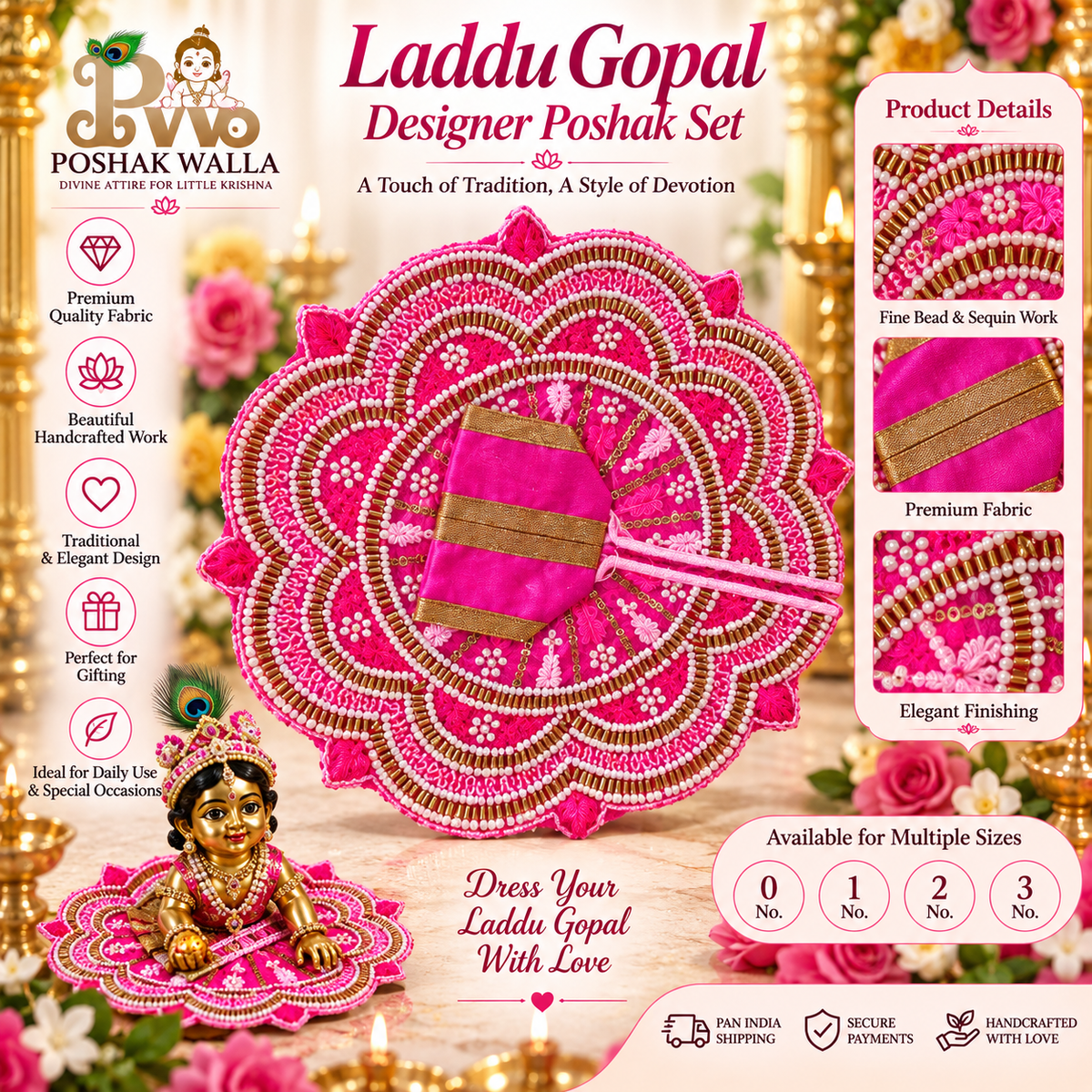 Pink & Gold Designer Laddu Gopal Poshak Set | Beautiful Embroidered Krishna Ji Dress