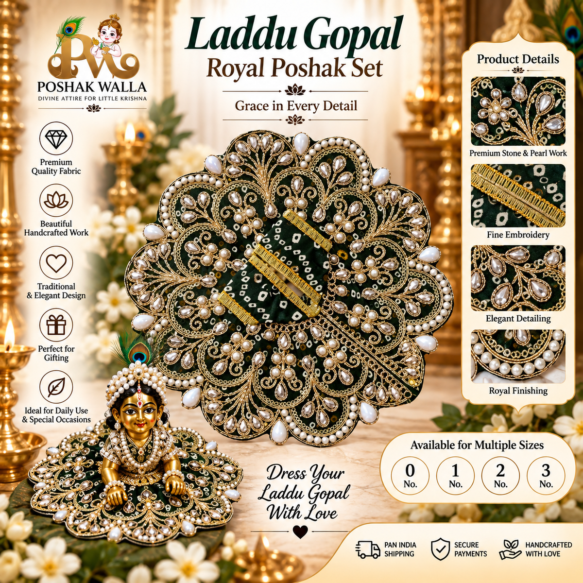 Green & Gold Designer Laddu Gopal Poshak | Pearl & Stone Embroidered Kanha Ji Dress