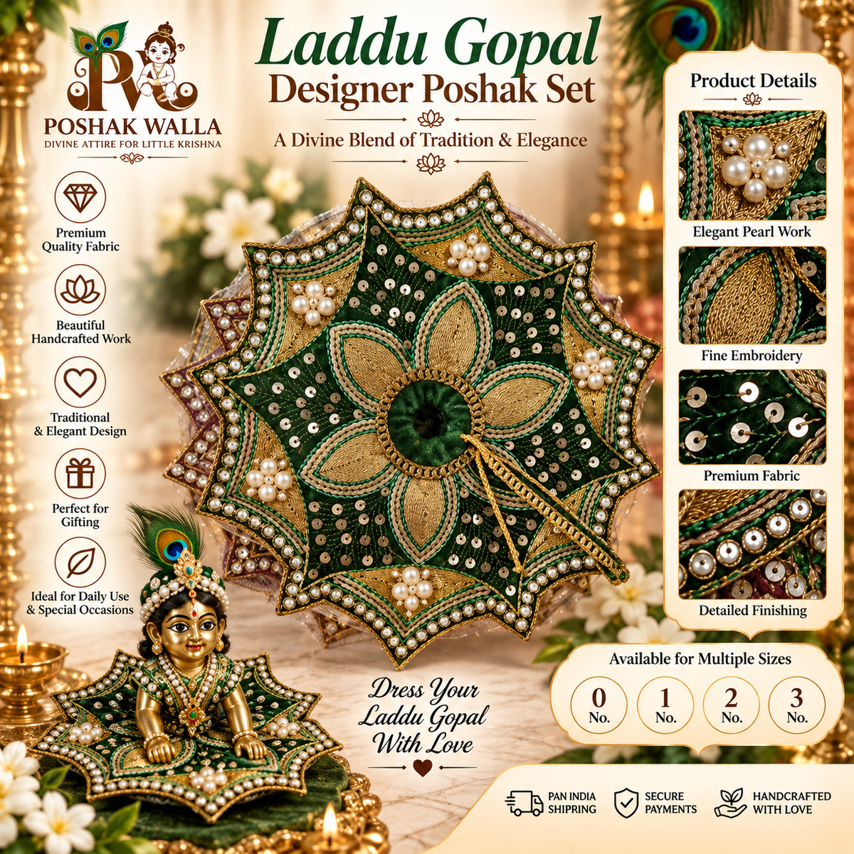 Green & Gold Designer Laddu Gopal Poshak | Embroidered Krishna Dress