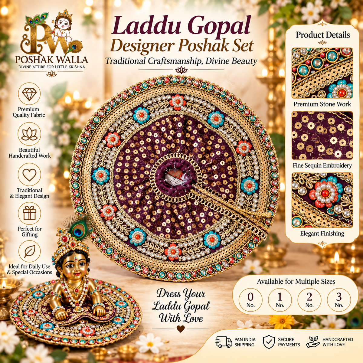Premium Maroon & Gold Designer Poshak for Laddu Gopal