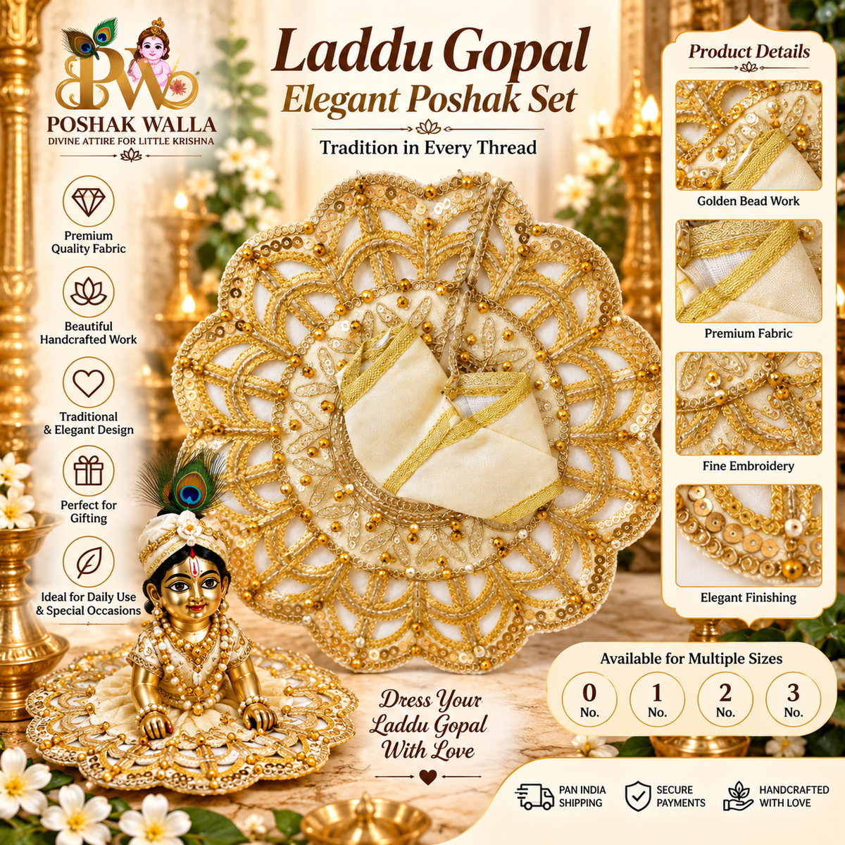 Elegant Cream & Gold Laddu Gopal Poshak | Designer Krishna Dress