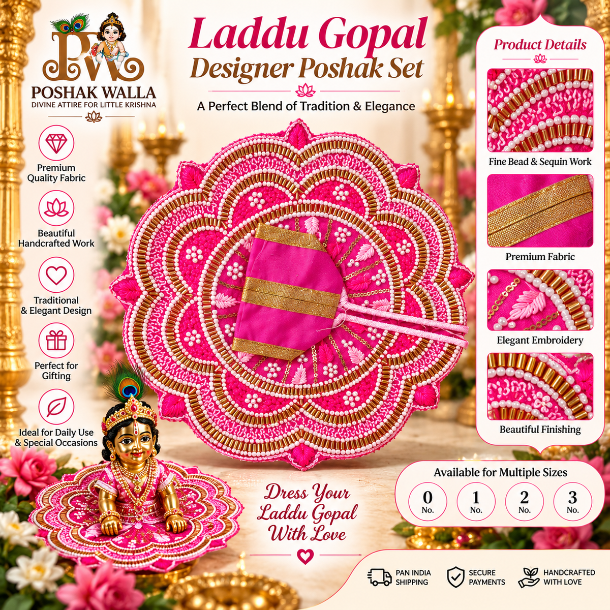 Pink Designer Laddu Gopal Poshak Set – Premium Bead & Sequin Work
