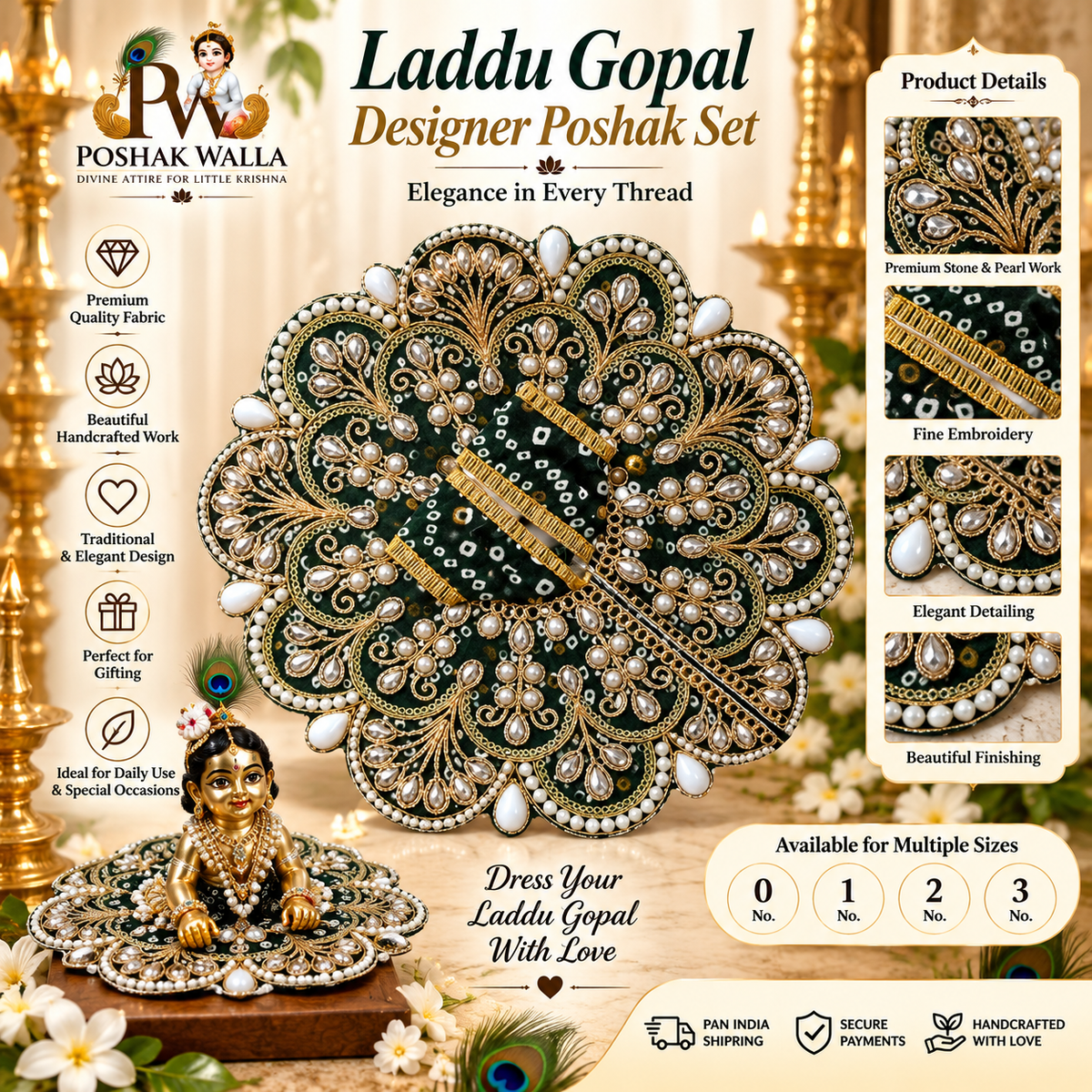 Dark Green & Gold Designer Laddu Gopal Poshak | Pearl & Stone Embellished Krishna Dress