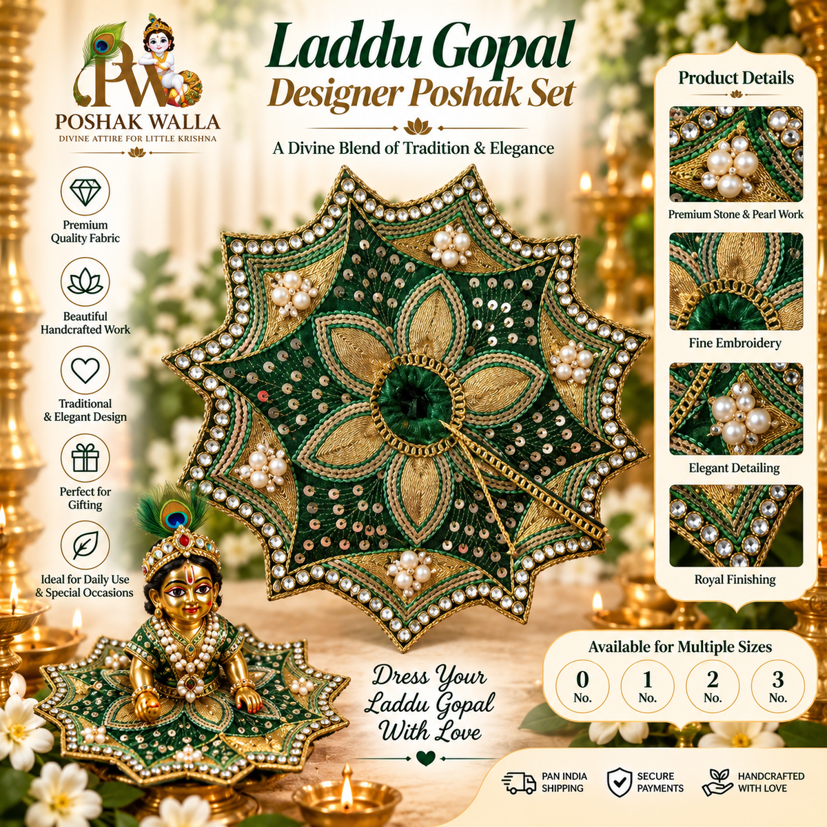 Green Designer Laddu Gopal Poshak Set – Pearl, Stone & Embroidery Work