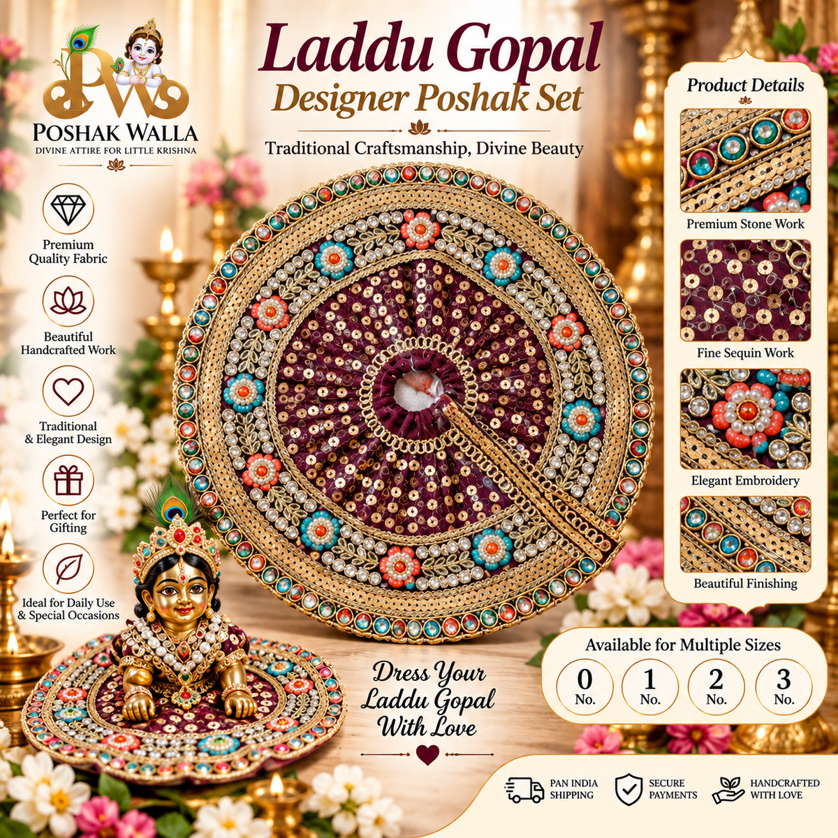 Laddu Gopal Designer Poshak Set – Maroon & Gold Sequin Embroidered Dress