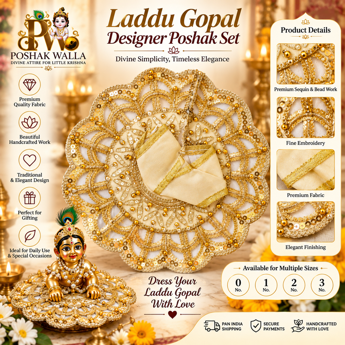 Laddu Gopal Designer Poshak Set - Gold Sequin & Bead