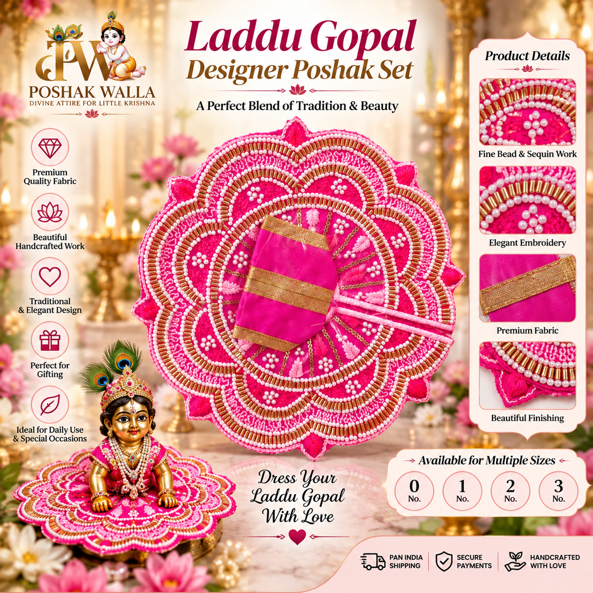 Laddu Gopal Designer Poshak Set - Pink Pearl & Sequin
