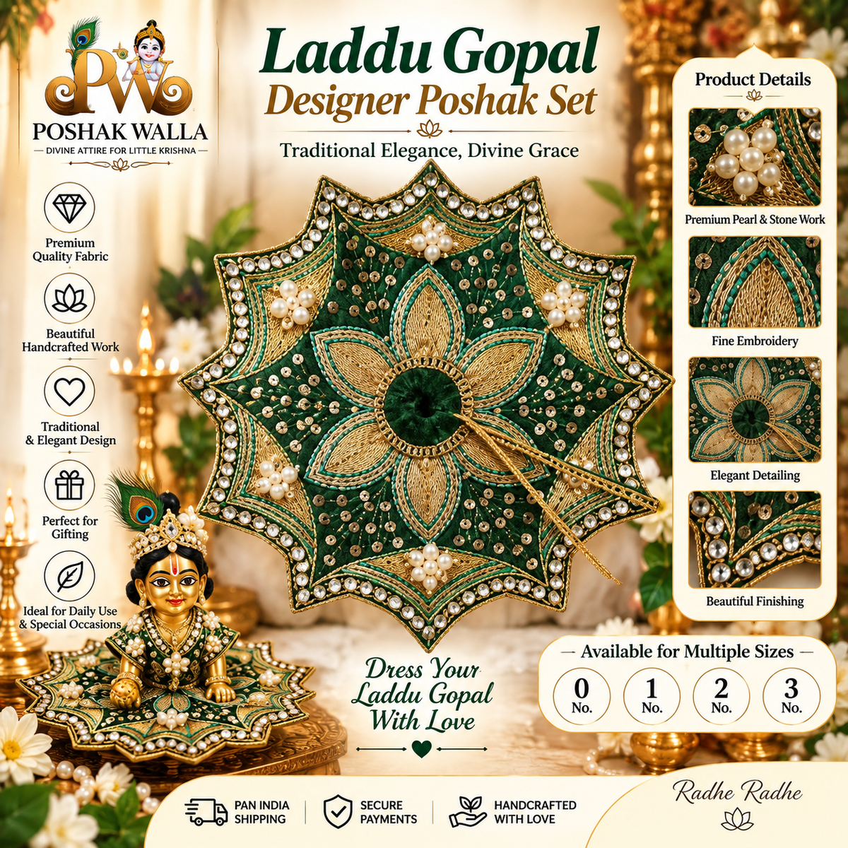 Laddu Gopal Designer Poshak Set - Green Leaf Embroidery