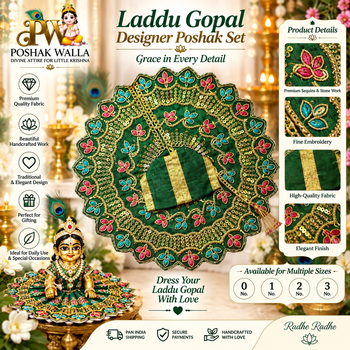 Laddu Gopal Designer Poshak Set - Green Star Pearl & Stone