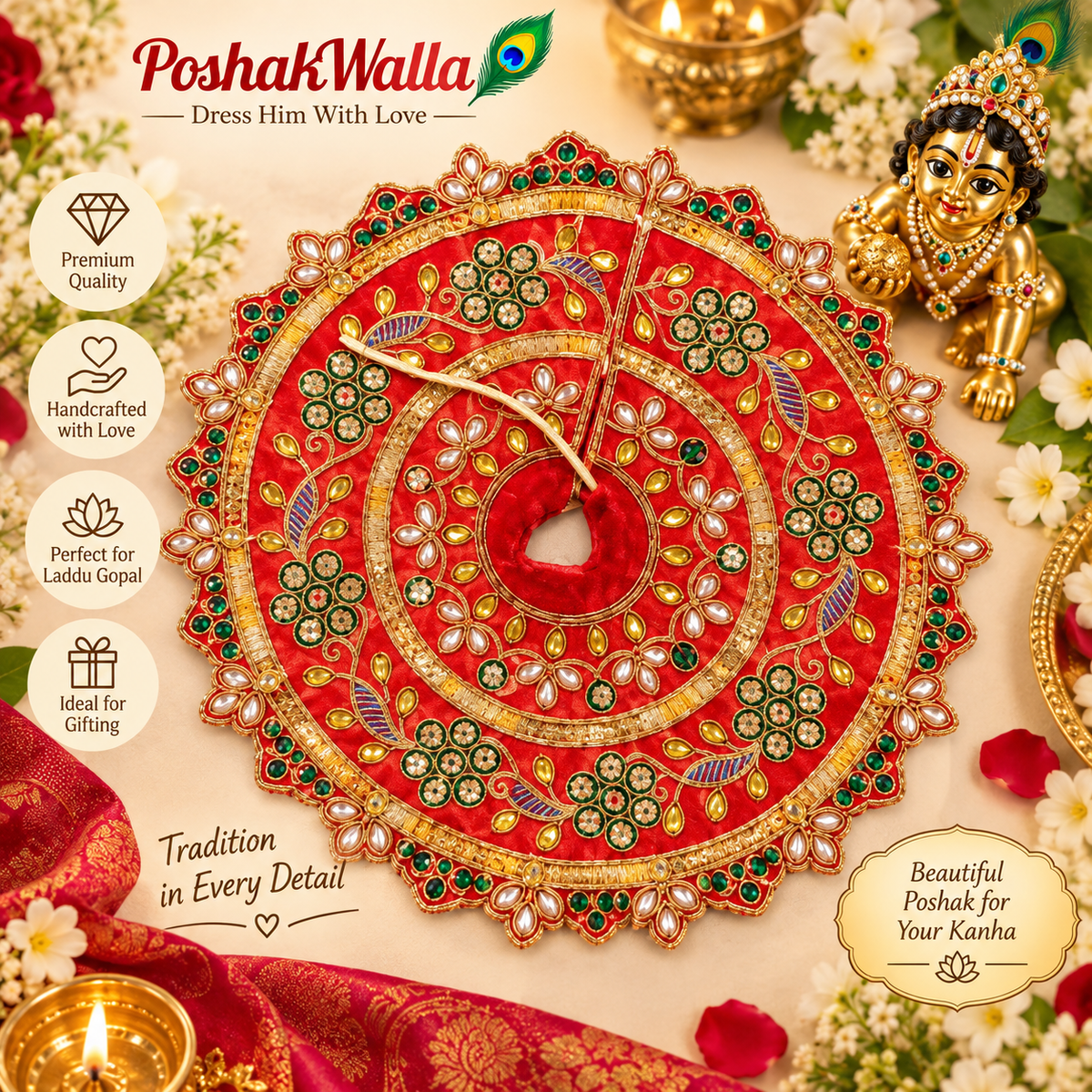 Sky Blue Beaded Scalloped Poshak for Laddu Gopal