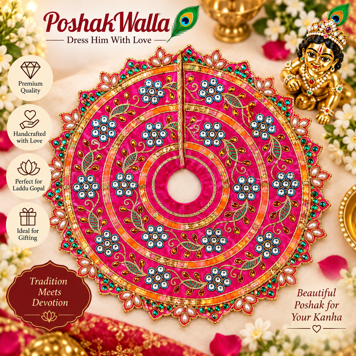 White Floral Embroidered Poshak for Laddu Gopal