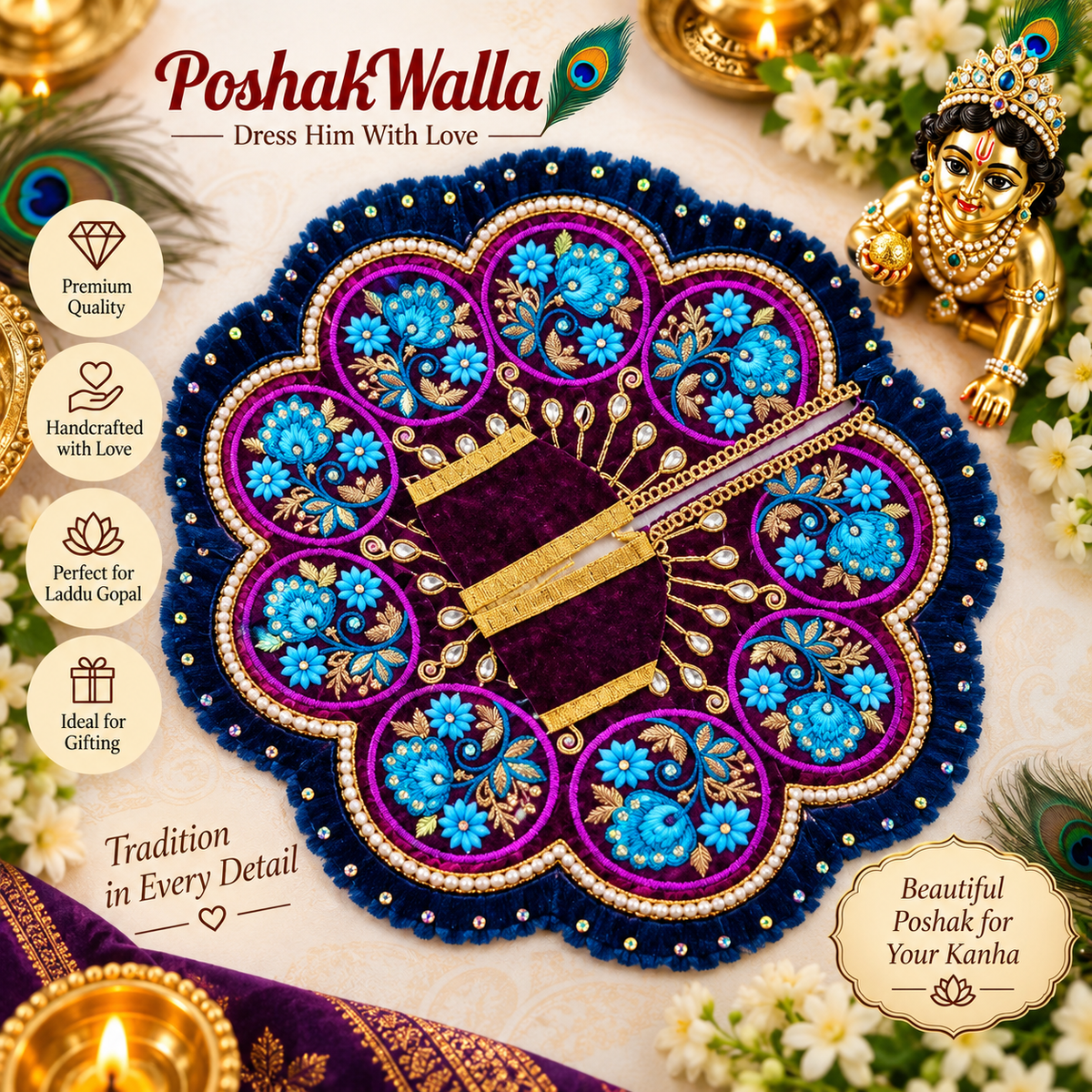 Navy Blue Velvet Floral Kundan Poshak for Laddu Gopal