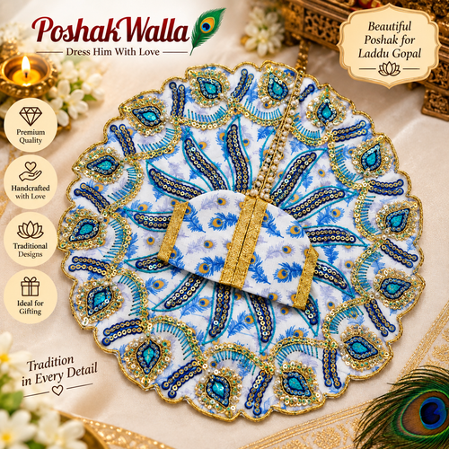 Blue Peacock Feather Print Scalloped Poshak for Laddu Gopal