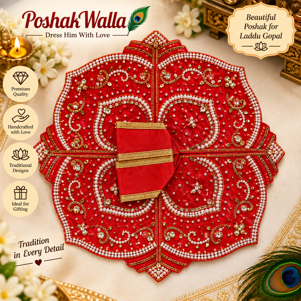 Red Pearl Beaded Lotus Poshak for Laddu Gopal