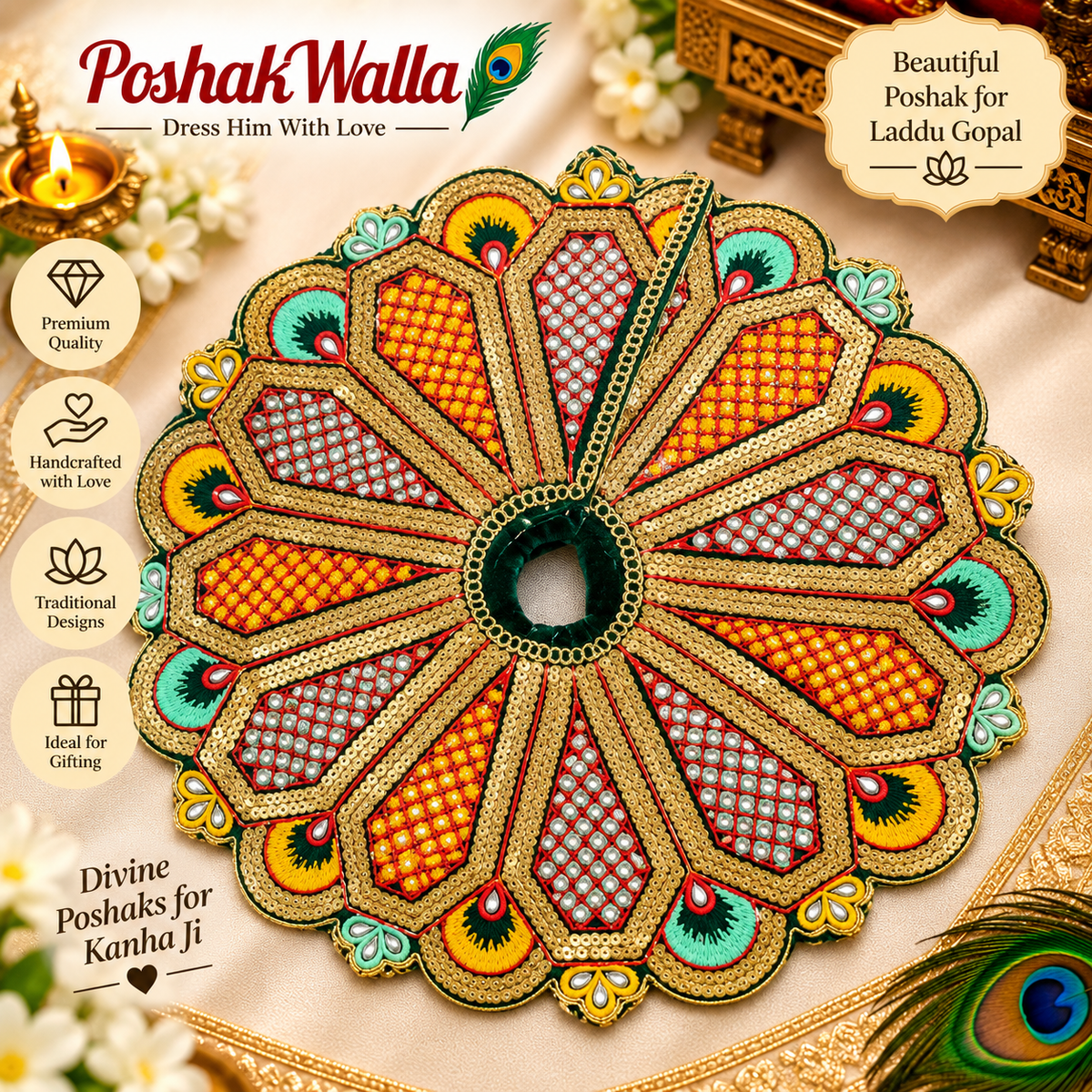 Rose Pink Zardozi Leaf Floral Poshak for Laddu Gopal