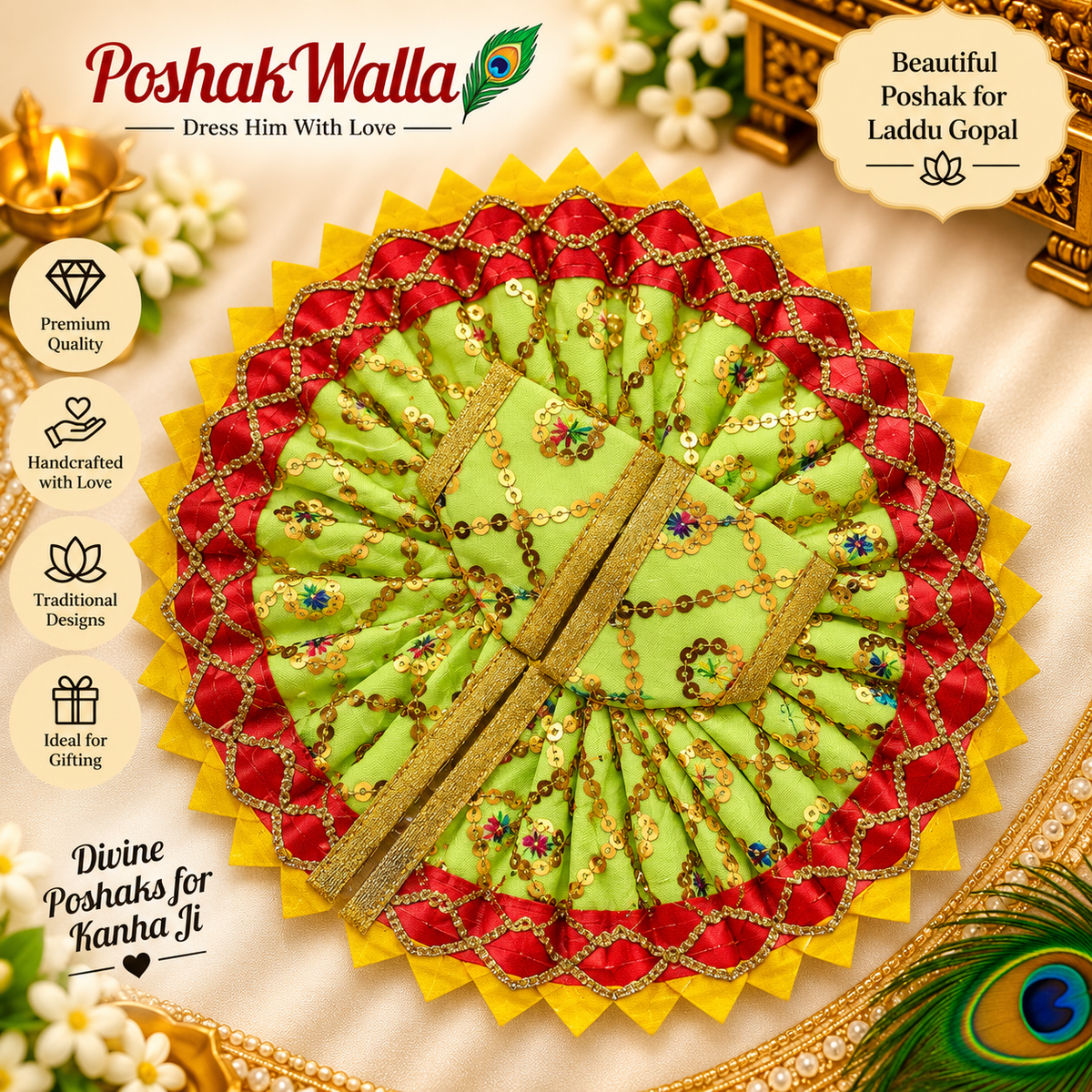 Yellow and red sequin Laddu Gopal poshak with gold gota trim