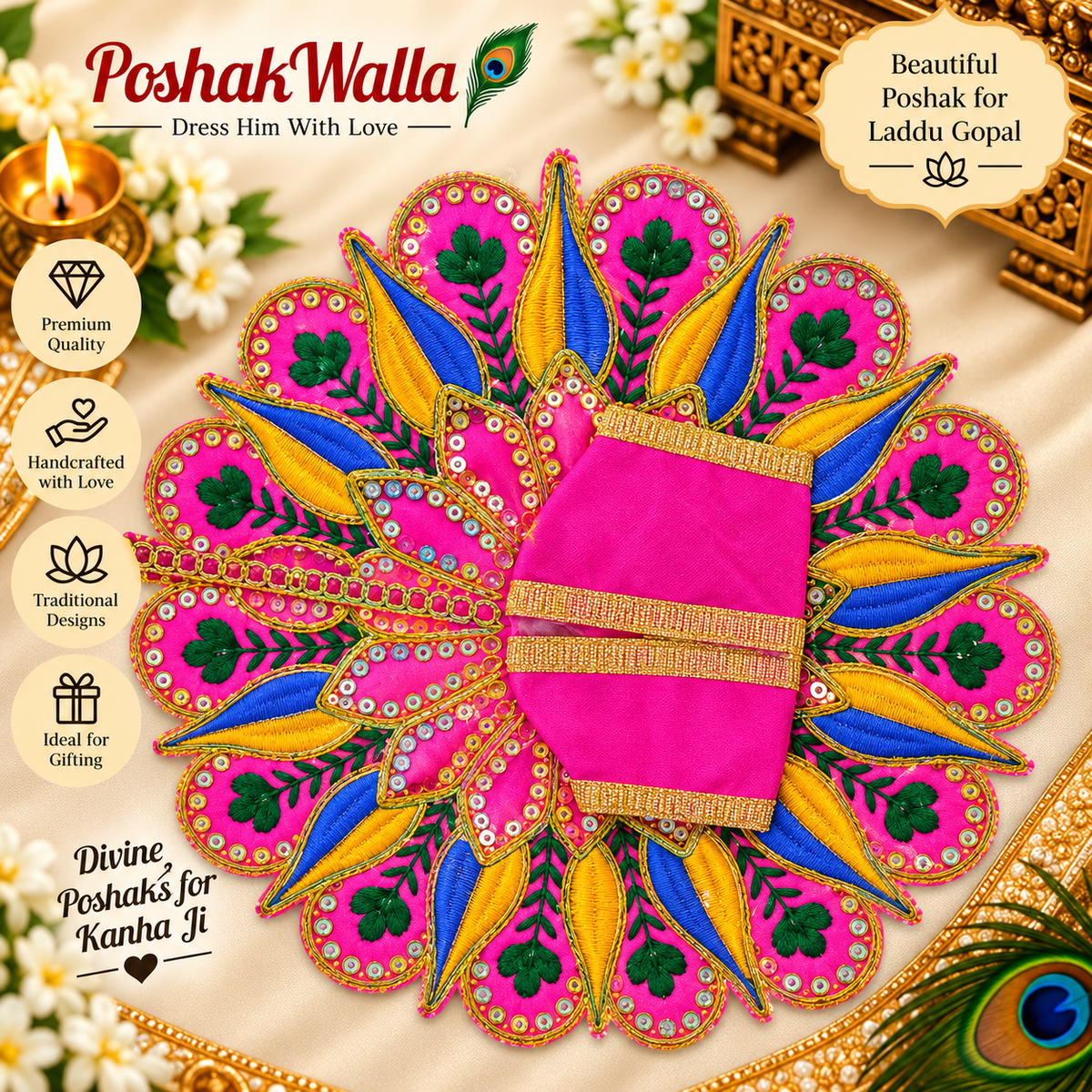 Pink and blue embroidered Laddu Gopal poshak with sequin and floral work