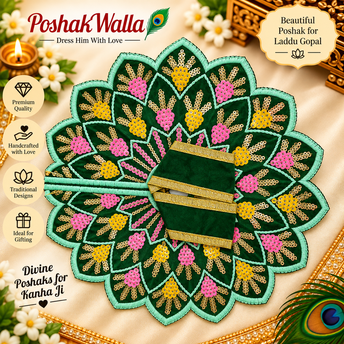 Dark green pink yellow sequin Laddu Gopal poshak with floral bead clusters and gold embroidery