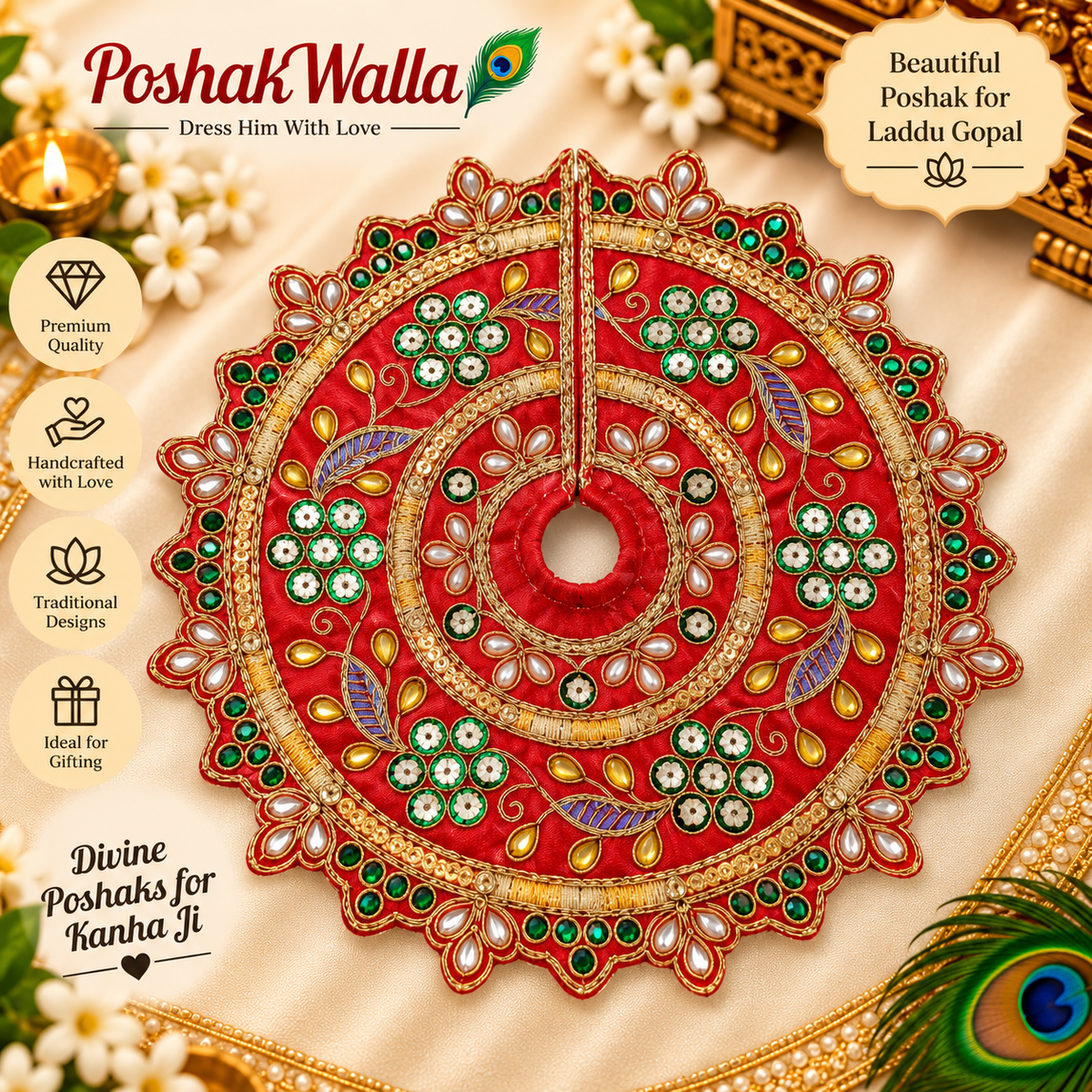 Red pearl emerald floral Laddu Gopal poshak with kundan and lavender leaf embellishments