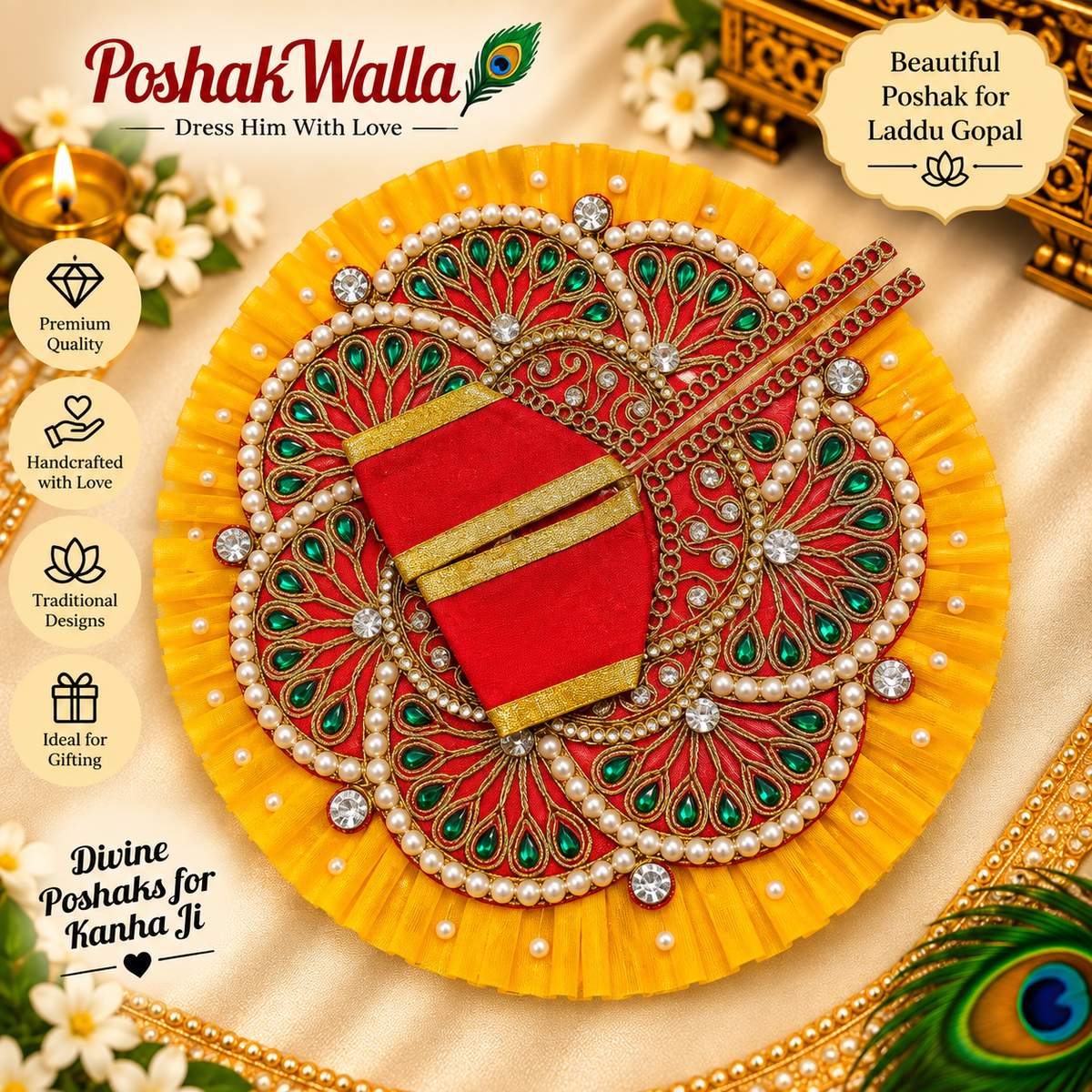 Multicolor pearl kundan Laddu Gopal poshak with crystal gems and floral work