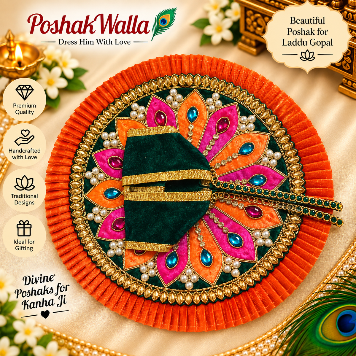 Red pearl and stone Laddu Gopal poshak with emerald gems and gold work