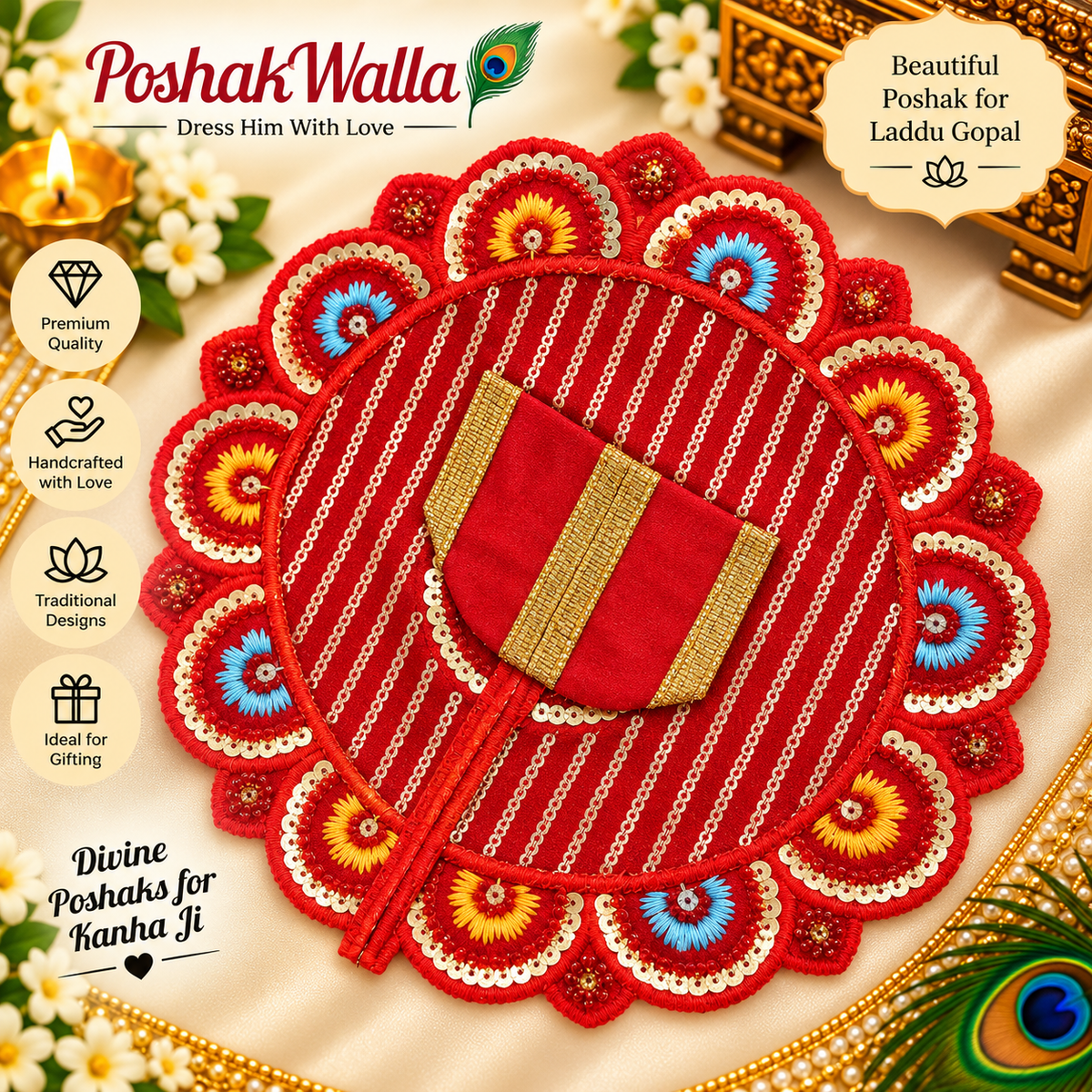 Yellow red green stone pearl Laddu Gopal poshak with emerald kundan and pearl embellishments
