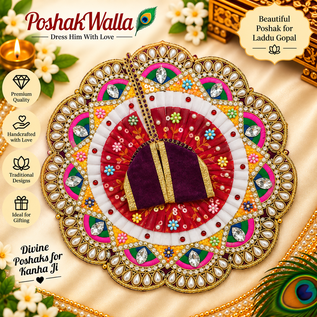 Orange and teal kundan Laddu Gopal poshak with pearl and stone work