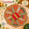 Red sequin chain stripe Laddu Gopal poshak with multicolour floral scalloped border