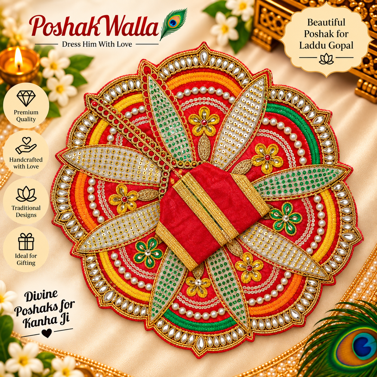 Red sequin chain stripe Laddu Gopal poshak with multicolour floral scalloped border