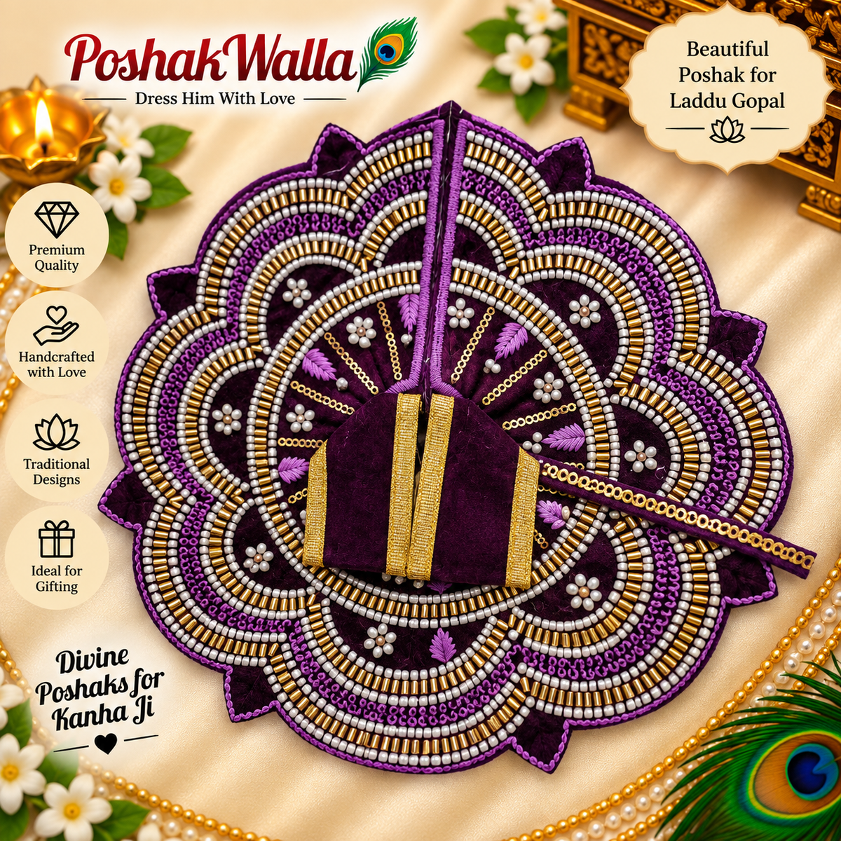 Golden zari embroidered Laddu Gopal poshak with floral motifs