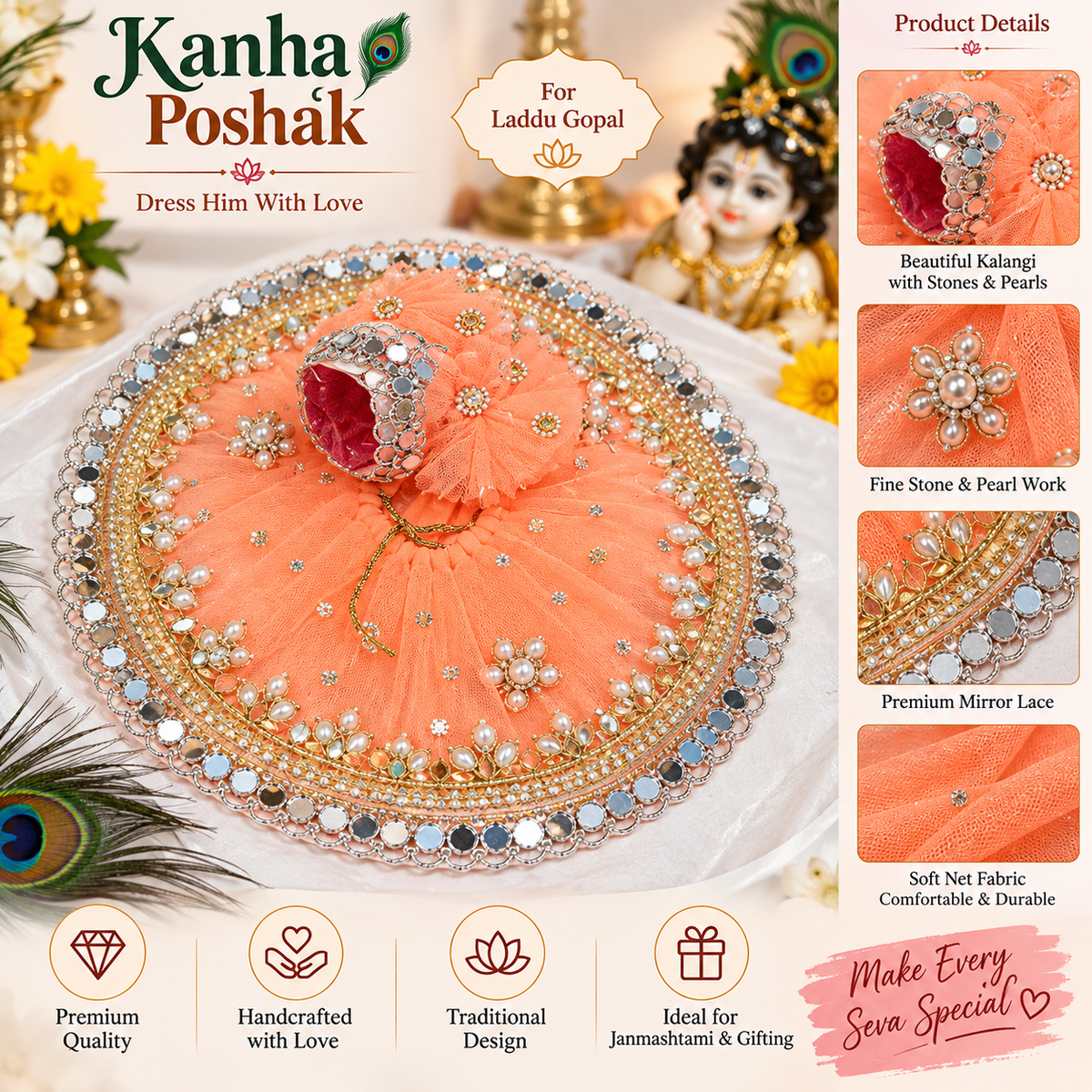 Kanha Poshak with Pagdi for Laddu Gopal – Peach Net with Stone & Pearl Work