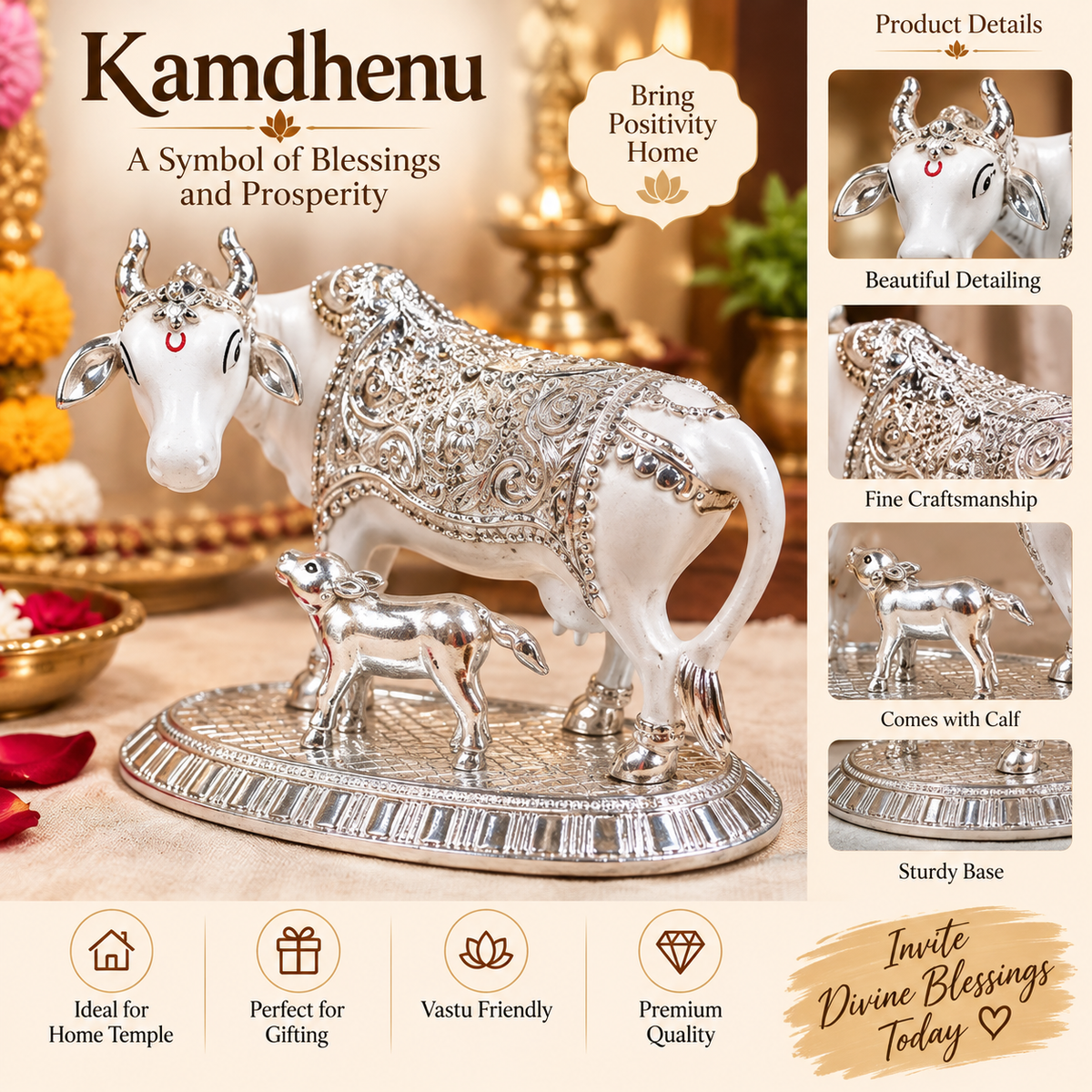 Kamdhenu Cow with Calf Silver Idol – Symbol of Blessings and Prosperity