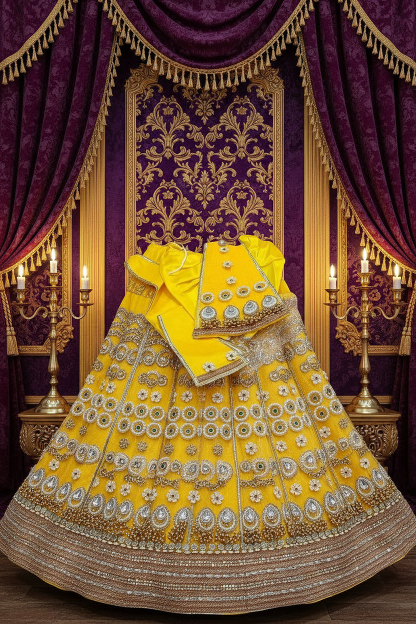 Yellow embroidered lehenga choli with mirror work and pearl detailing
